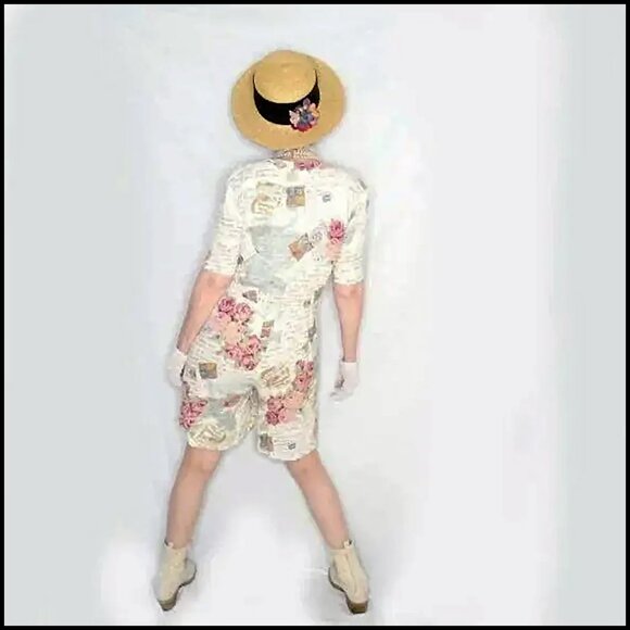 Rayon Romper Pink Retro Summer Floral With Pockets, Large Size - Picture 7 of 15